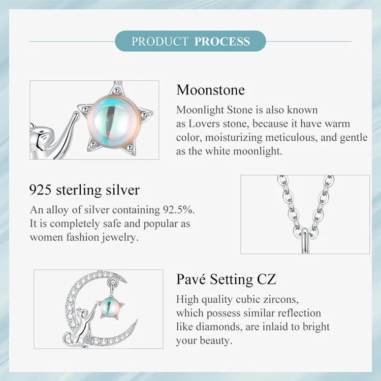 925 Sterling Silver Cute Cat Star Moon Pendant Necklace – Perfect Gift for Women