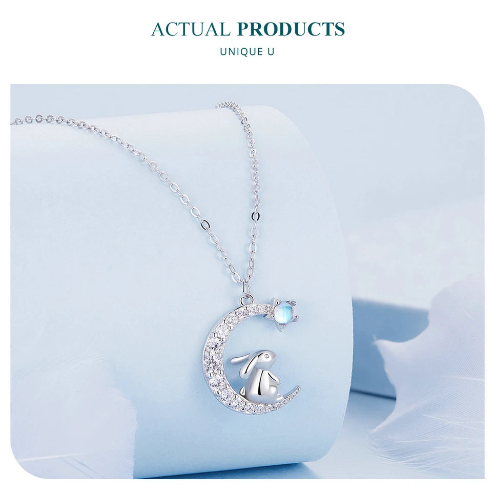 925 Sterling Silver Cute Rabbit Star Moon Pendant Necklace – Perfect Gift for Women
