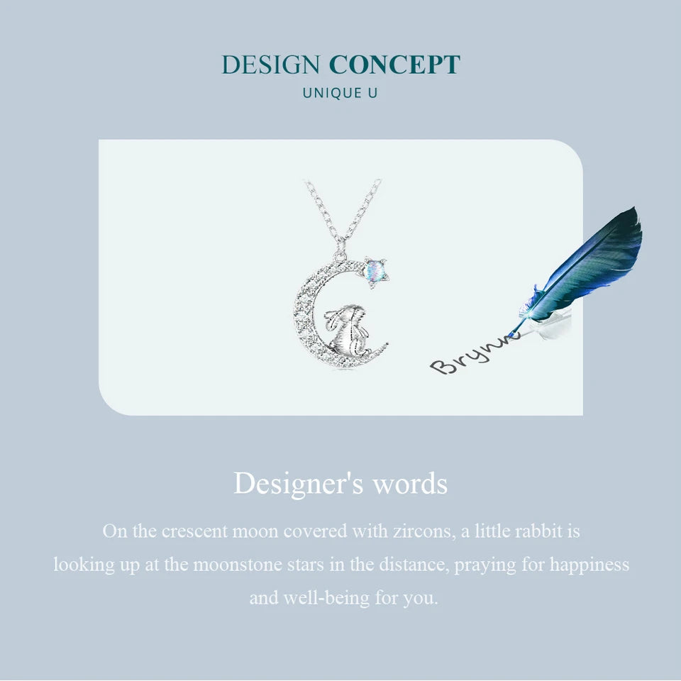 925 Sterling Silver Cute Rabbit Star Moon Pendant Necklace – Perfect Gift for Women