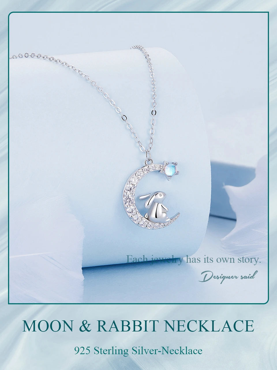 925 Sterling Silver Cute Rabbit Star Moon Pendant Necklace – Perfect Gift for Women
