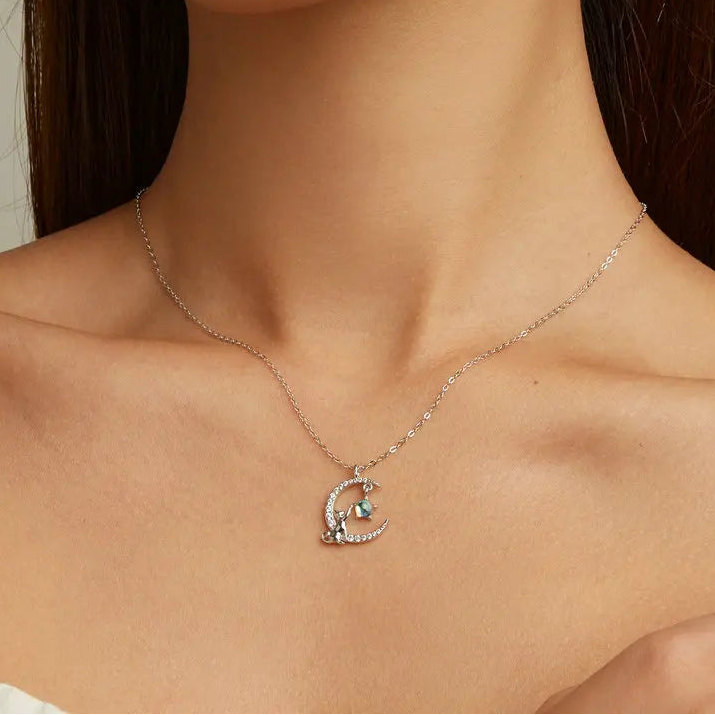 925 Sterling Silver Cute Cat Star Moon Pendant Necklace – Perfect Gift for Women