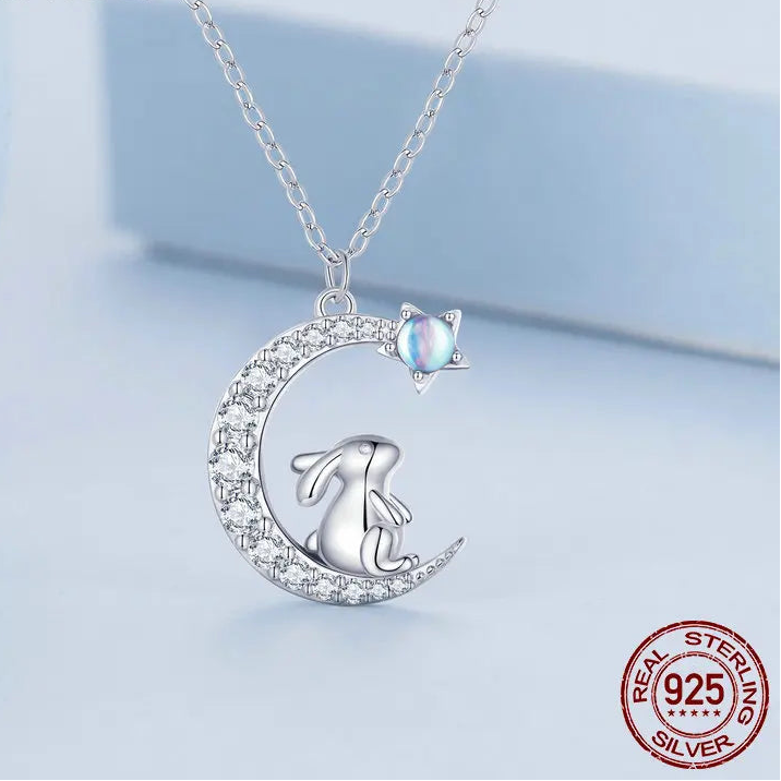 925 Sterling Silver Cute Rabbit Star Moon Pendant Necklace – Perfect Gift for Women