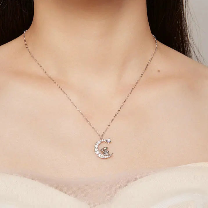 925 Sterling Silver Cute Rabbit Star Moon Pendant Necklace – Perfect Gift for Women