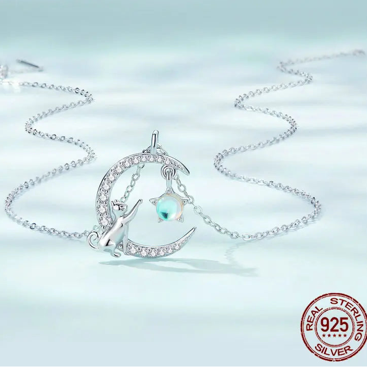 925 Sterling Silver Cute Cat Star Moon Pendant Necklace – Perfect Gift for Women