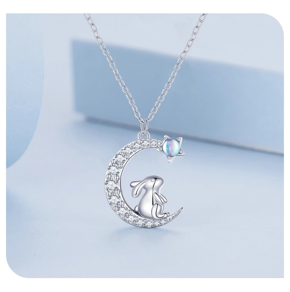 925 Sterling Silver Cute Rabbit Star Moon Pendant Necklace – Perfect Gift for Women