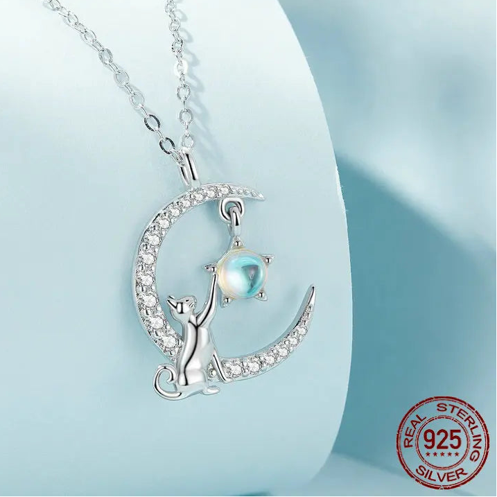 925 Sterling Silver Cute Cat Star Moon Pendant Necklace – Perfect Gift for Women