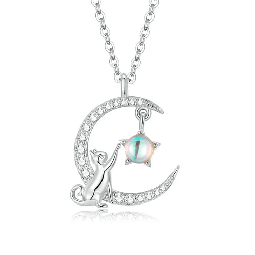 925 Sterling Silver Cute Cat & Rabbit Star Moon Pendant Necklace- Perfect Gift For Women