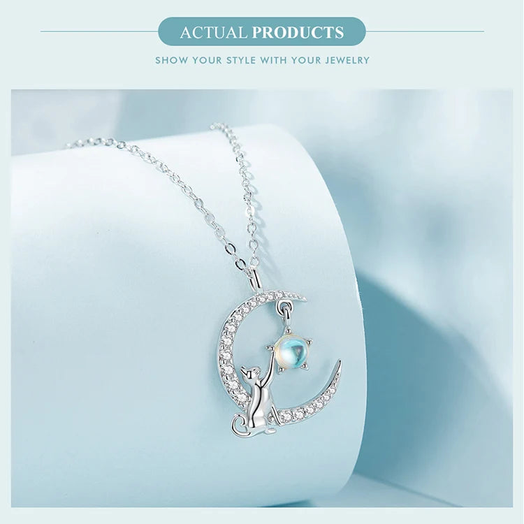 925 Sterling Silver Cute Cat Star Moon Pendant Necklace – Perfect Gift for Women