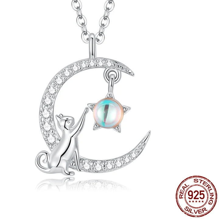 925 Sterling Silver Cute Cat Star Moon Pendant Necklace – Perfect Gift for Women