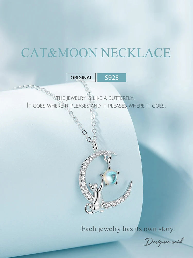 925 Sterling Silver Cute Cat Star Moon Pendant Necklace – Perfect Gift for Women