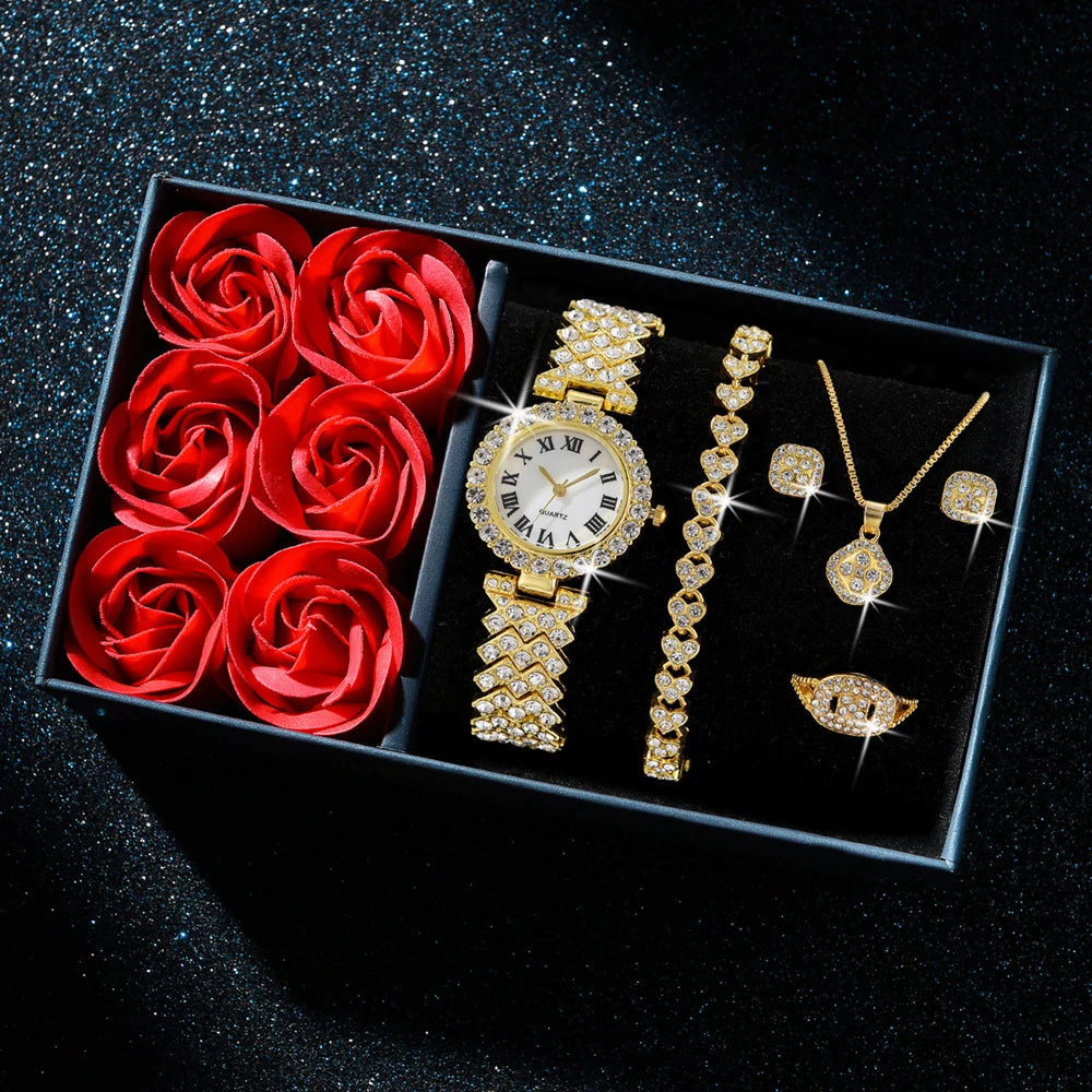 Luxury 6-Piece Gold Jewelry Gifts Set — Gold-Plated Watch, Bracelets，Necklace& Earrings|Gemspire
