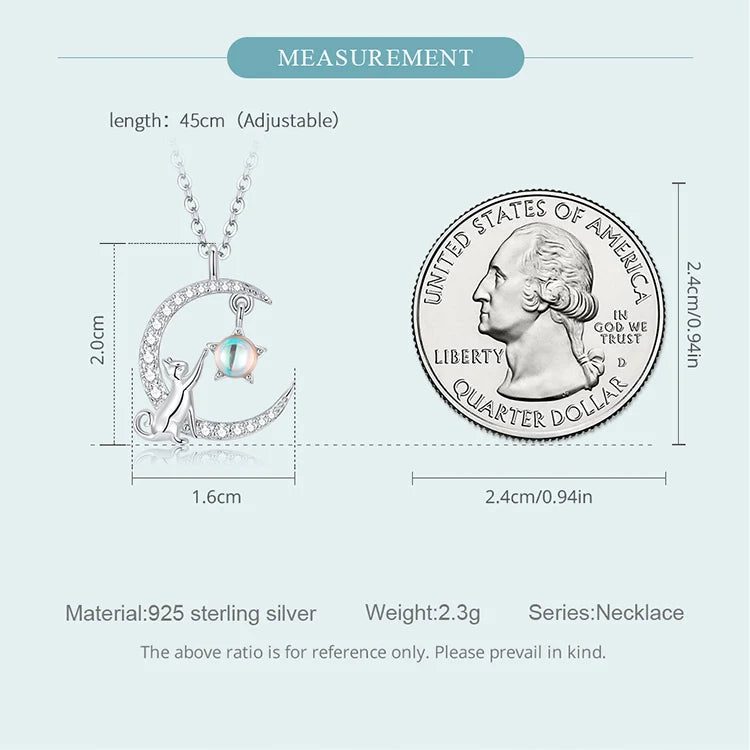 925 Sterling Silver Cute Cat Star Moon Pendant Necklace – Perfect Gift for Women