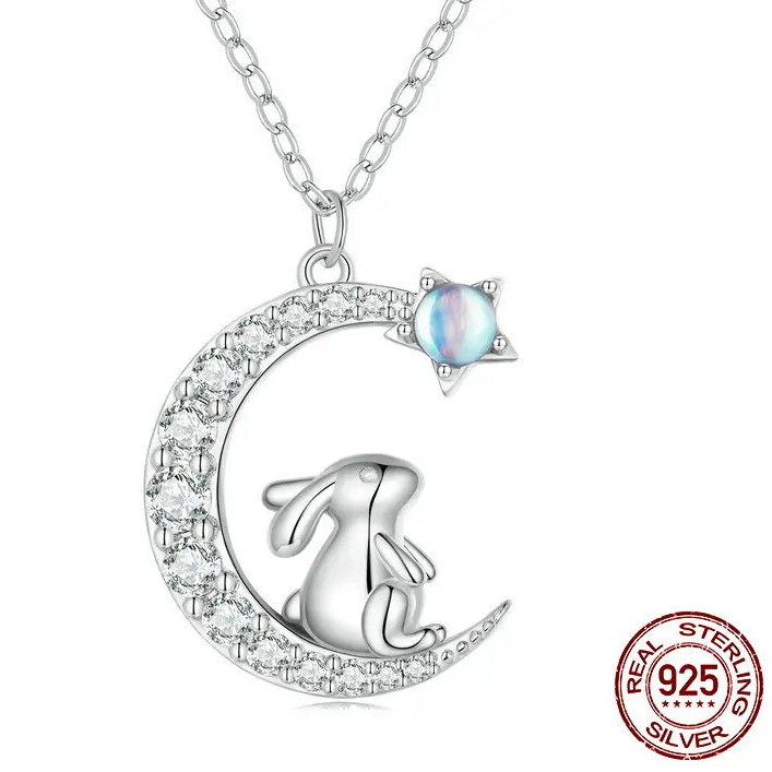 925 Sterling Silver Cute Rabbit Star Moon Pendant Necklace – Perfect Gift for Women