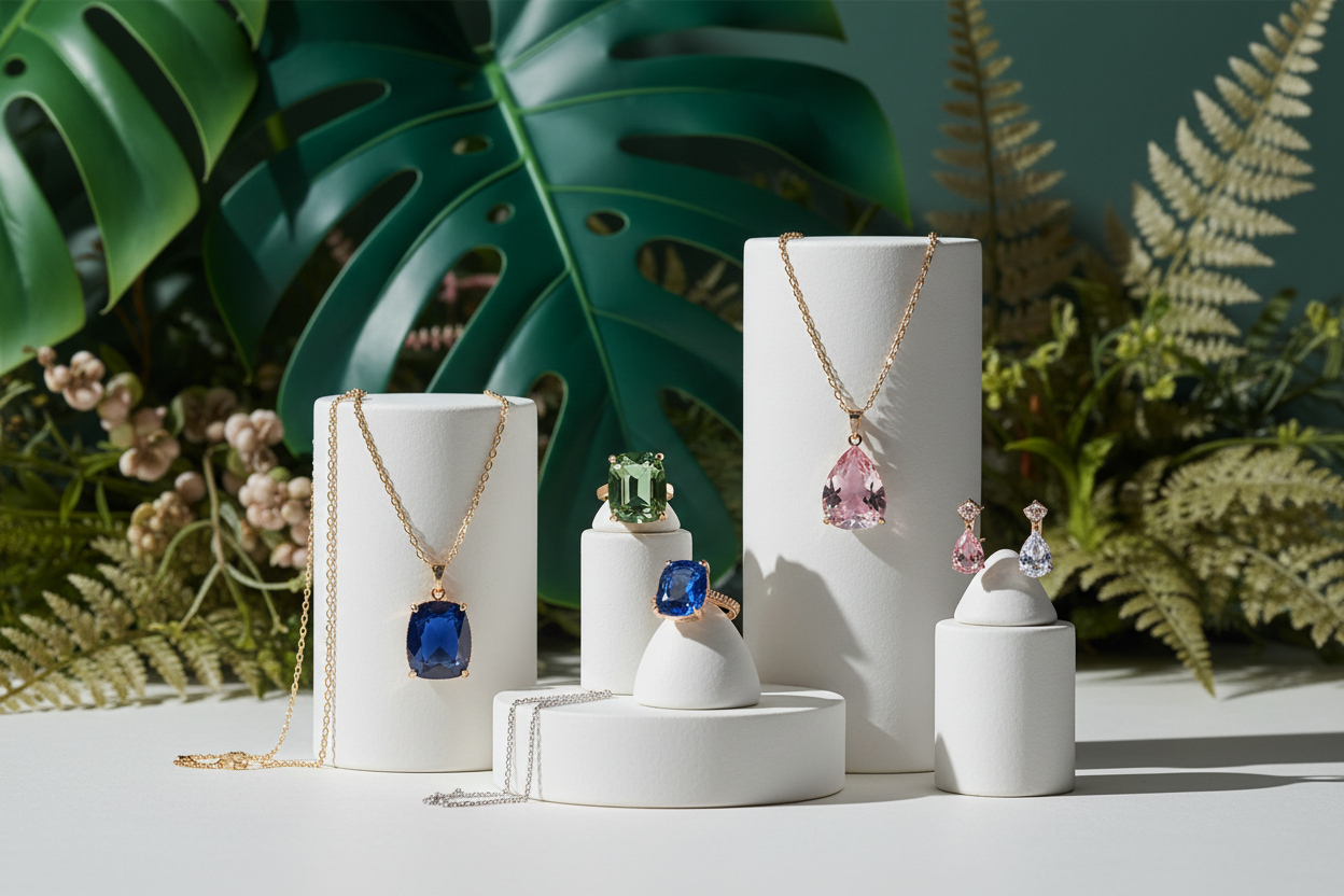 Elegant jewelry display for a premium gemstone brand, necklaces, rings and earrings on white ceramic stands.
Soft daylight, peaceful mood, gentle shadows.
Background with teal green leaves, natural botanical tones, calming and uplifting energy.
Minimalist luxury, modern, feminine, refined.
No seasonal theme, no holiday props, no text.
Ultra realistic photography, high resolution, suitable for homepage hero banner.